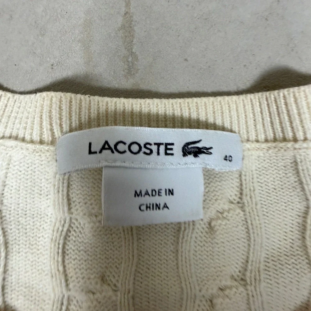 Lacoste Mens Cable Knit‎ Cotton Sweater Cream White Crew Neck Size 40